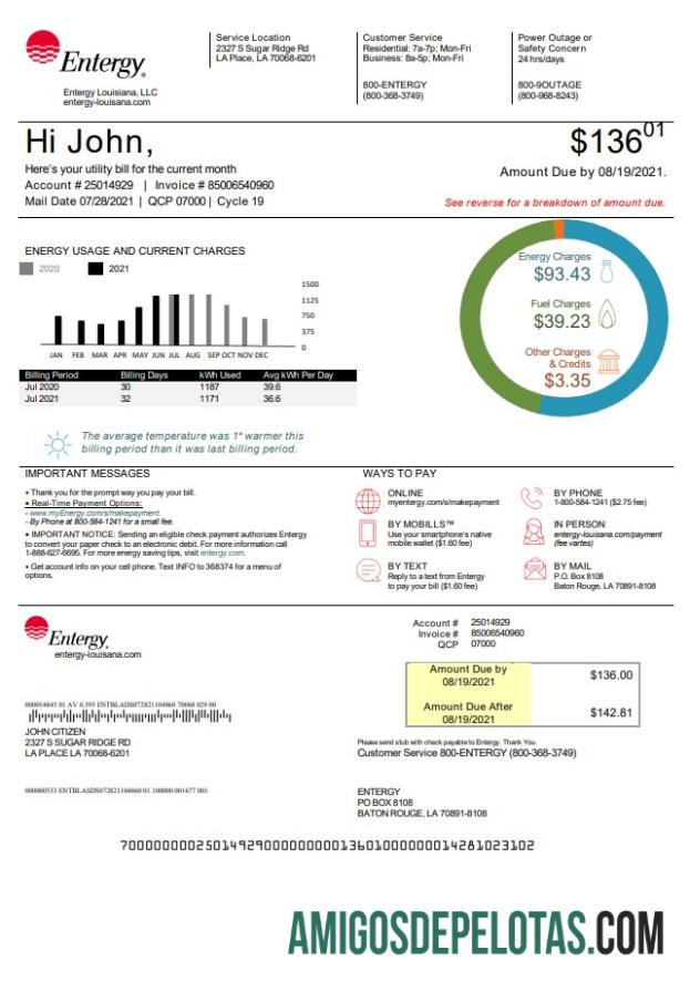 para download Modelo de conta de serviços públicos Entergy dos EUA Louisiana em formato Word e PDF, versão 2